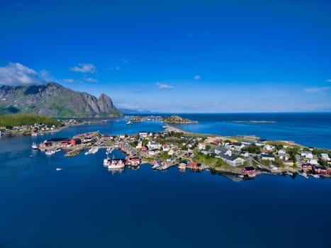 Picturesque town Reine on Lofoten islands in Norway, scenic aerial view