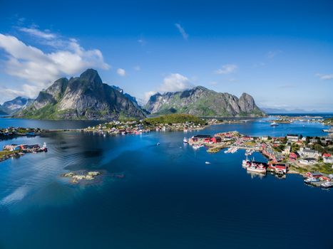 Picturesque fishing town Reine on Lofoten islands in Norway, scenic aerial view