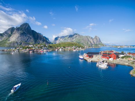 Aerial view of fishing harbor in Reine on Lofoten islands in Norway