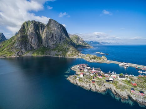 Scenic aerial view of fishing village Hamnoya on Lofoten islands in Norway