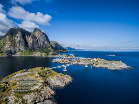 Picturesque aerial view of village Hamnoya on Lofoten islands in Norway