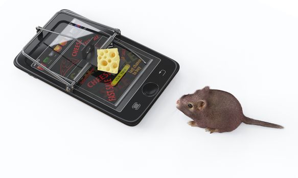 virtual cheese. smartphone as mousetrap and mouse advertising concept