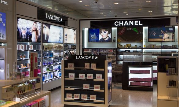 LOS ANGELES, CA/USA - AUGUST 4, 2015: Lancome and Chanel fragence and make up displays. Lancome and Chanel are French makersof high-end skincare, makeup, fragrance and hair care products.