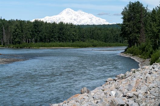 Mt. Denali and the Talkeetna river from the Alaskan Railline looking north