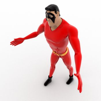 3d superhero happy and dancing concept on white background,  top angle view