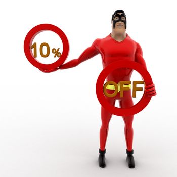 3d superhero 10% off concept on white background, front angle view