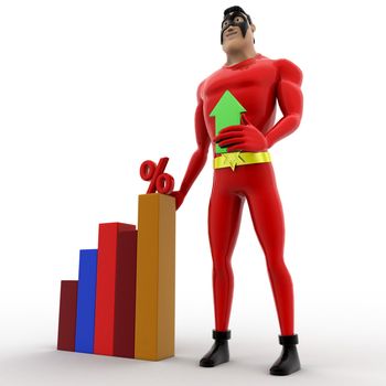 3d superhero holding up arrow and with percentage bar graph concept on white background, side angle view