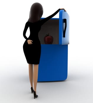 3d woman open refrigerator to take apple out concept on white background, front angle view