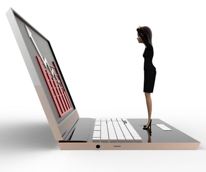 3d woman watching graph on laptop concept on white background, side angle view
