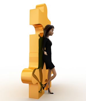 3d woman leaning on puzzle concept on white background,  side angle view