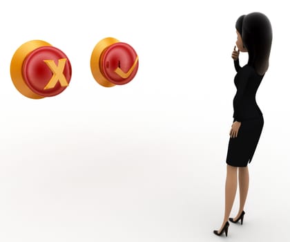 3d woman with right and wrong button concept on white background, side angle view