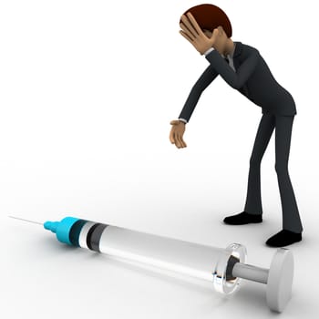3d man looking worried while looking at injection concept on white background,  side angle view