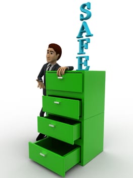 3d man with green safe drawer concept on white background,  side angle view