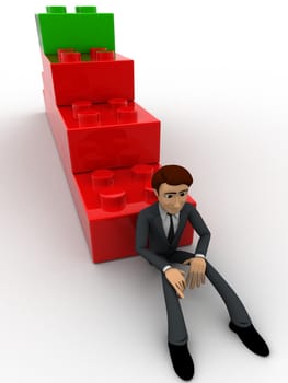 3d man building stairs from toys concept on white background, front    angle view