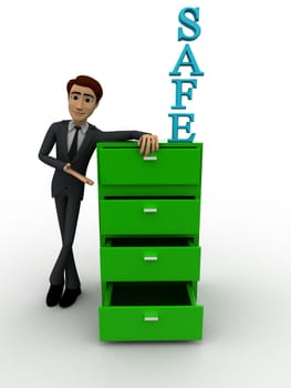 3d man with green safe drawer concept on white background, front    angle view