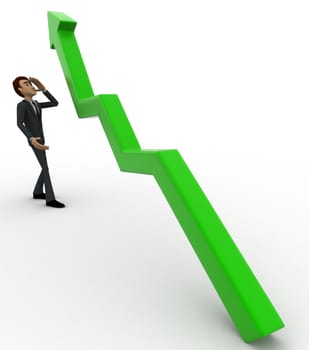 3d man worried with green arrow graph growth concept on white background,  side angle view