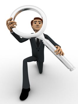 3d man looking through magnifying glass concept on white background, front    angle view