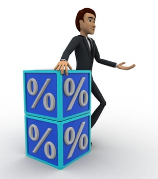 3d man with blue discount cubes concept on white background, side angle view