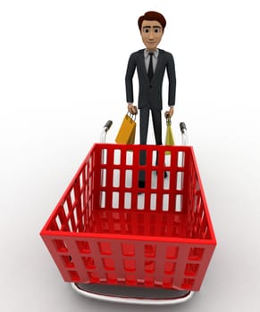 3d man with shopping cart concept on white background, front    angle view