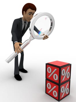 3d man examine red percentage cube magnifying glass concept on white background, front    angle view