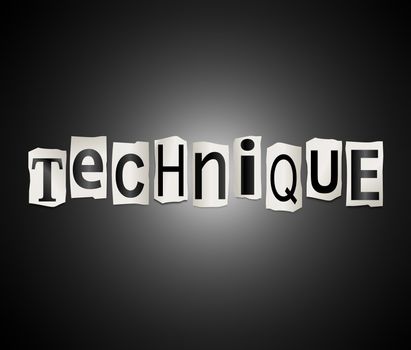 Illustration depicting a set of cut out printed letters arranged to form the word technique.