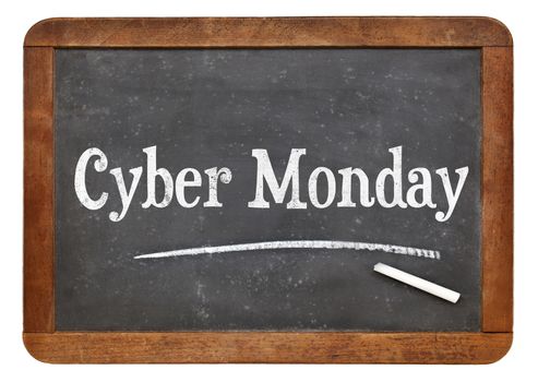 Cyber Monday sign - white chalk text on an isolated  vintage slate blackboard - internet shopping concept
