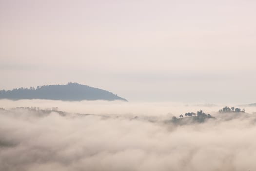 Fog covered mountains and forest in the morning. Northern Thailand is cold and cool in the morning.