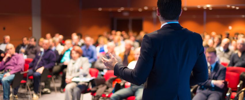 Speaker at Business Conference with Public Presentations. Audience at the conference hall. Entrepreneurship club. Rear view. Panoramic composition. Background blur.