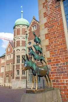 Bremen, Germany - June 6, 2014: Exterior of the statue of the Town Musicians of Bremen. Famous statue created by Gerhard Marcks in 1953.