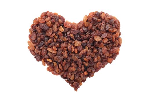 Sultanas in a heart shape, isolated on a white background