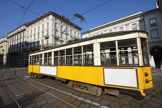Vintage tram on the city street, Milano, Italy 