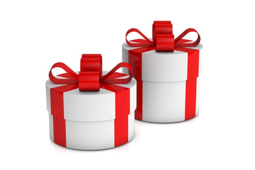 two white gift boxes with red ribbon on white background