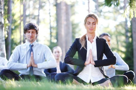 business people doing yoga at the park