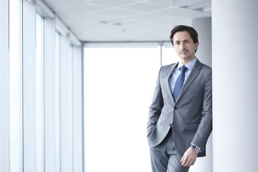 Portrait of handsome businessman standing near windows in office