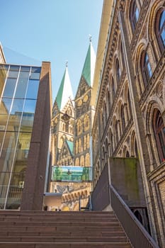 Bremen, Germany - June 7, 2014: Sankt Petri Cathedral - view through street canyon