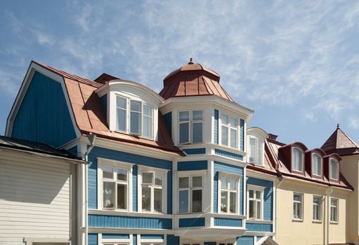 Old traditional houses in Vaxholm, Stockholm archipelago, Sweden