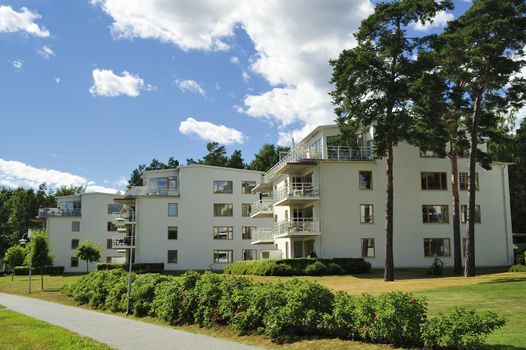 Swedish apartment Block in summer.