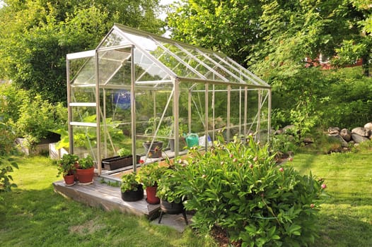 A green house full of flowers and plants