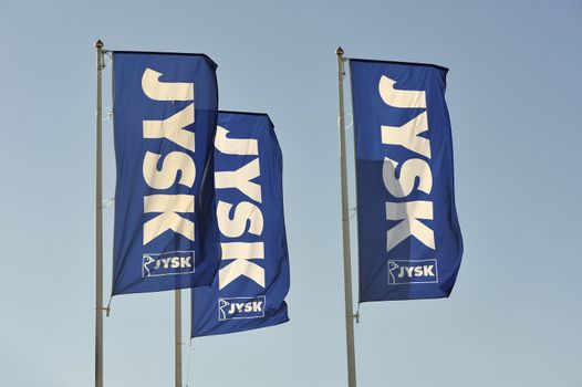 STOCKHOLM - MAY 1 2013: Jysk logo sign on showroom premises photographed on may 1th 2013 in Stockholm, Sweden.