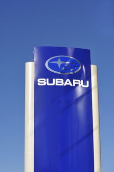 STOCKHOLM - MAY 1 2013: Subaru logo sign on showroom premises photographed on may 1th 2013 in Stockholm, Sweden.