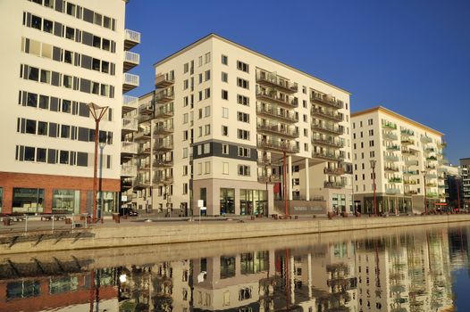 Modern apartment buildings in new neighborhood.