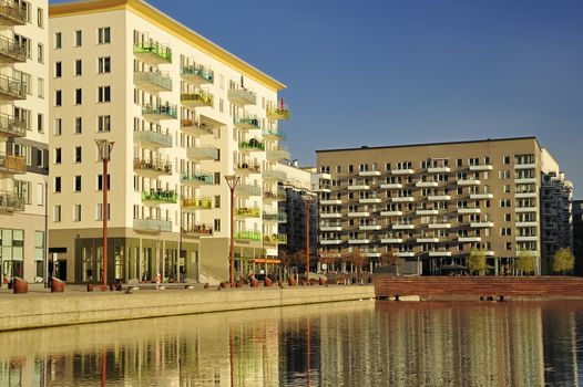 Modern apartment buildings in new neighborhood.