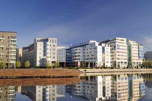 Modern apartment buildings in new neighborhood.