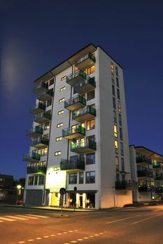 Modern apartment buildings in Stockholm neighborhood.