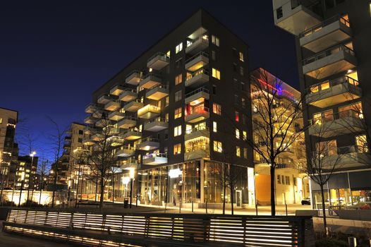 Modern apartment buildings in new neighborhood.