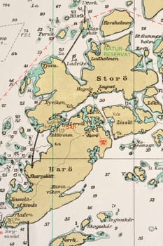 Macro shot of a old marine chart, detailing Stockholm archipelago. 

Picture is from "Batsjokort 1982-83 Serie A LANDSORT-ARHOLMA", created 2013-10-12.