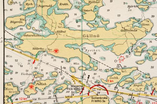 Macro shot of a old marine chart, detailing Stockholm archipelago. 

Picture is from "Batsjokort 1982-83 Serie A LANDSORT-ARHOLMA", created 2013-10-12.