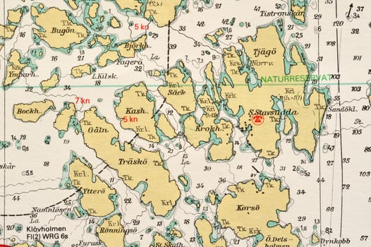 Macro shot of a old marine chart, detailing Stockholm archipelago. 

Picture is from "Batsjokort 1982-83 Serie A LANDSORT-ARHOLMA", created 2013-10-12.