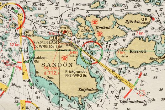 Macro shot of a old marine chart, detailing Stockholm archipelago. 

Picture is from "Batsjokort 1982-83 Serie A LANDSORT-ARHOLMA", created 2013-10-12.