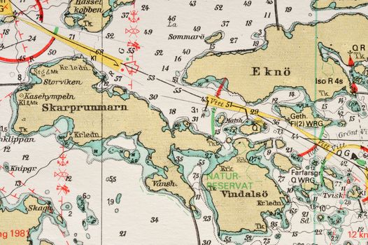 Macro shot of a old marine chart, detailing Stockholm archipelago. 

Picture is from "Batsjokort 1982-83 Serie A LANDSORT-ARHOLMA", created 2013-10-12.